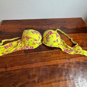 Cacique Neon Lime Green Floral Boost Plunge Bra 44C Plus Size Underwire Padded